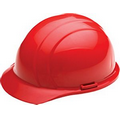 Hard Hat with ratchet adjustment and 4 point nylon suspension in Red and Full Color Label.